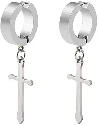 PS CREATION Non-Pierced Clip On Cross Dangle Hoop Earrings Set for Men Women No Piercing Ear Plug Jewelry for Graduation Easter Christmas (1 Pair (silver))-thumb3