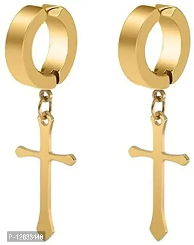 PS CREATION Non-Pierced Clip On Cross Dangle Hoop Earrings Set for Men Women No Piercing Ear Plug Jewelry for Graduation Easter Christmas (1 Pair (gold))-thumb3