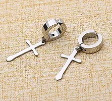 PS CREATION Non-Pierced Clip On Cross Dangle Drop Hoop Hinged Earrings Set for Men Women No Piercing Ear Plug Jewelry for Graduation Easter Christmas (Silver)-thumb2