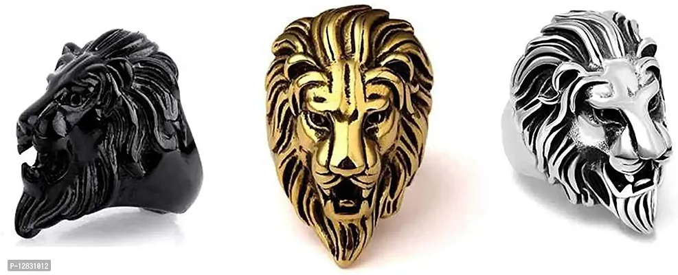 PS CREATION Lion King Head Black Stainless Steel Medium Ring Combo for Men Ideal Gift