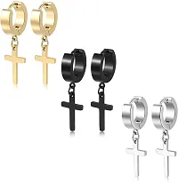 PS CREATION 6 Pairs Stainless Steel Cross Dangle Huggie Hoop Earring Barbell Ear Studs Women-thumb4