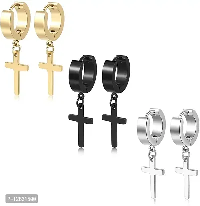 PS CREATION 6 Pairs Stainless Steel Cross Dangle Huggie Hoop Earring Barbell Ear Studs Women-thumb5