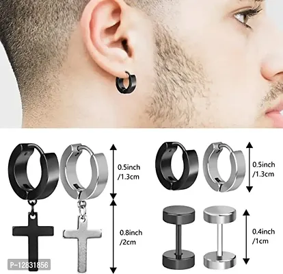 PS CREATION 6 Pairs Stainless Steel Cross Earrings, Cross Hoop Earrings, Hoop Earrings, Black Silver for Men and Women-thumb2