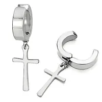 PS CREATION Non-Pierced Clip On Cross Dangle Drop Hoop Hinged Earrings Set for Men Women No Piercing Ear Plug Jewelry for Graduation Easter Christmas (Silver)-thumb1