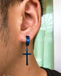 PS CREATION Non-Pierced Clip On Cross Dangle Drop Hoop Hinged Earrings Set for Men Women No Piercing Ear Plug Jewelry for Graduation (Blue)-thumb1
