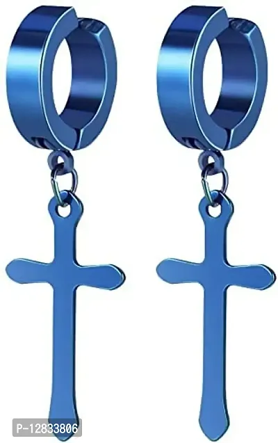 PS CREATION Non-Pierced Clip On Cross Dangle Hoop Earrings Set for Men Women No Piercing Ear Plug Jewelry for Graduation Easter Christmas (1 Pair (blue))-thumb0