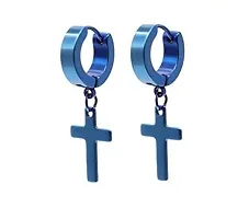 PS CREATION Dangling Cross Hoop Earrings Set for Men Women Stainless Steel Piercing Cross Dangle Hinged Huggie Ear Jewelry Wearing Boys Girls (Blue)-thumb1