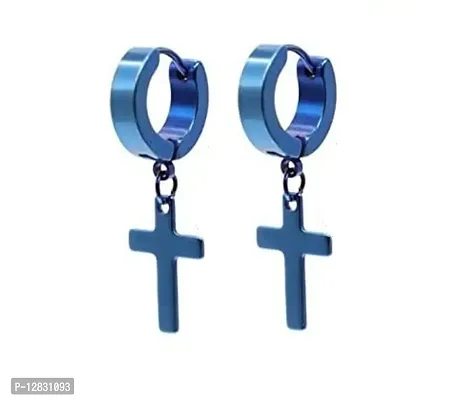PS CREATION Dangling Cross Hoop Earrings Set for Men Women Stainless Steel Piercing Cross Dangle Hinged Huggie Ear Jewelry Wearing Boys Girls (Blue)-thumb2