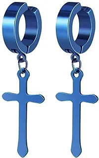 PS CREATION Non-Pierced Clip On Cross Dangle Hoop Earrings Set for Men Women No Piercing Ear Plug Jewelry for Graduation Easter Christmas (1 Pair (blue))-thumb2
