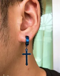 PS CREATION Non-Pierced Clip On Cross Dangle Hoop Earrings Set for Men Women No Piercing Ear Plug Jewelry for Graduation Easter Christmas (1 Pair (blue))-thumb1