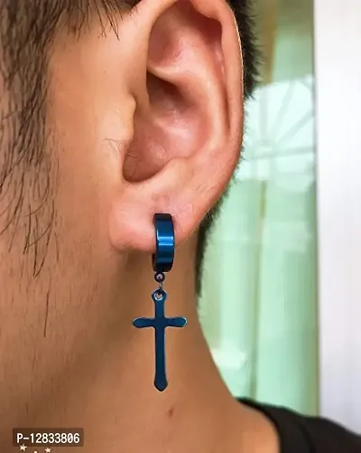 PS CREATION Non-Pierced Clip On Cross Dangle Hoop Earrings Set for Men Women No Piercing Ear Plug Jewelry for Graduation Easter Christmas (1 Pair (blue))-thumb2