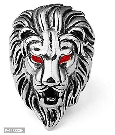 PS CREATION Grey Oxidized Silver Red-eye Lion Ring for Men