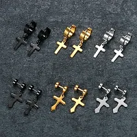 PS CREATION 6 Pairs Stainless Steel Cross Dangle Huggie Hoop Earring Barbell Ear Studs Women-thumb1