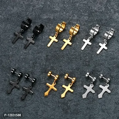 PS CREATION 6 Pairs Stainless Steel Cross Dangle Huggie Hoop Earring Barbell Ear Studs Women-thumb2