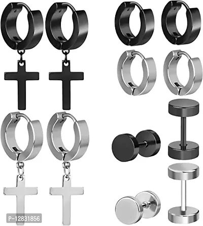 PS CREATION 6 Pairs Stainless Steel Cross Earrings, Cross Hoop Earrings, Hoop Earrings, Black Silver for Men and Women