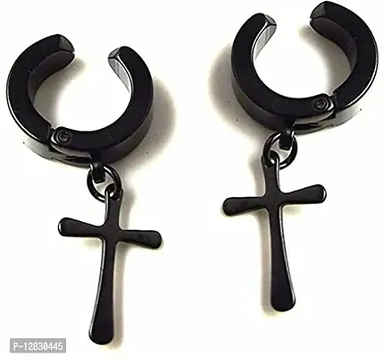PS CREATION Non-Pierced Clip On Cross Dangle Drop Hoop Hinged Earrings Set for Men Women No Piercing Ear Plug Jewelry for Graduation Easter Christmas (Black)-thumb0