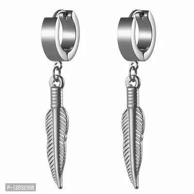 PS CREATION Stainless Steel Feather Dangle Hoop Huggie Hinged Studs Earrings Unisex (SILVER)