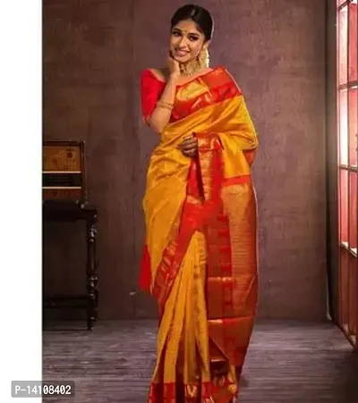 Stylish Linen Blend Yellow Printed Saree With Blouse Piece For Women-thumb0