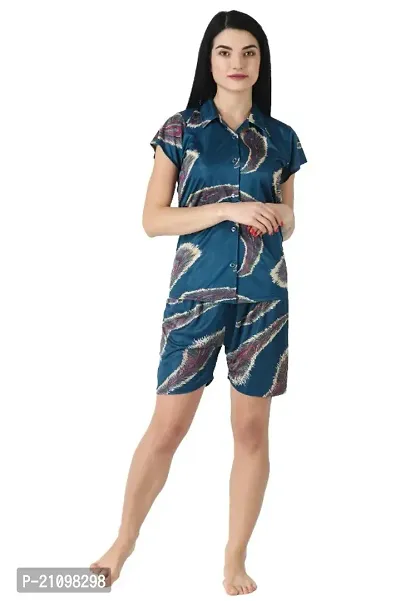 Fancy Satin Printed Night Top Shorts Set For Women