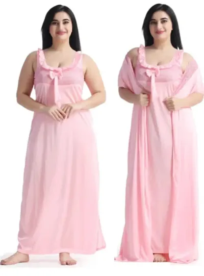 2-IN-1 Satin Solid Nighty With Robe