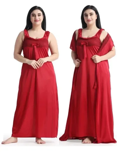 2-IN-1 Satin Solid Nighty With Robe