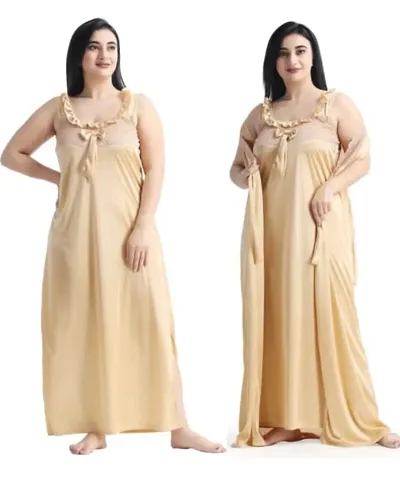 2-IN-1 Satin Solid Nighty With Robe