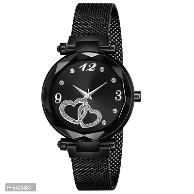 New Fashion Dual Heart Black dial Black Maganet Strap For Girl Analog Watch - For Girls