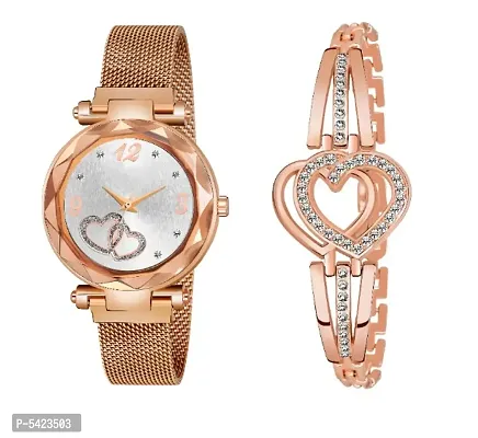 New Fashion Dual Heart Rose Gold Dial With Rose Gold Heart Bracelet combo For GirlWomen Designer Fashion Wrist Analog Watch - For Girls-thumb0