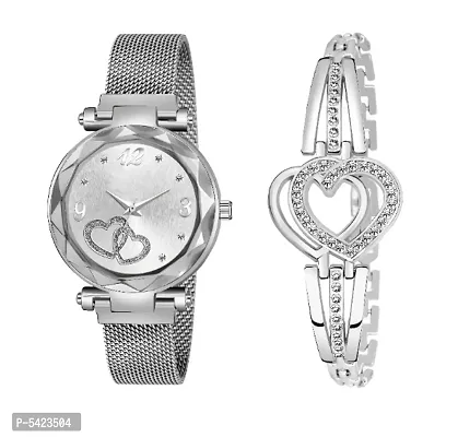 New Fashion Dual Heart Silver Dial With Silver Heart Bracelet combo For GirlWomen Designer Fashion Wrist Analog Watch - For Girls