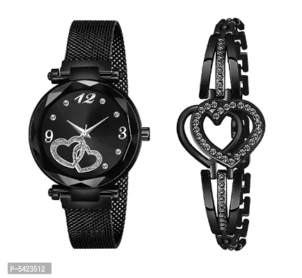 New Fashion Dual Heart Black Dial With Black Heart Bracelet combo For GirlWomen Designer Fashion Wrist Analog Watch - For Girls