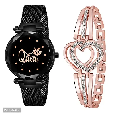 New Fashion Black Queen Dial With Rose Gold Heart Bracelet combo For GirlWomen Designer Fashion Wrist Analog Watch - For Girls