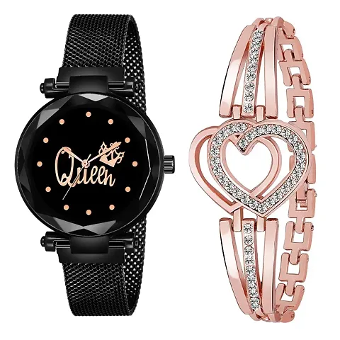 New Fashion Queen Dial With Heart Bracelet combo For GirlWomen Designer Fashion Wrist Analog Watch - For Girls