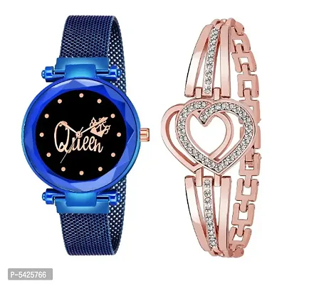 New Fashion Black Queen Dial With Rose Gold Heart Bracelet combo For GirlWomen Designer Fashion Wrist Analog Watch - For Girls