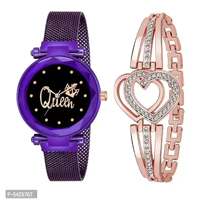 New Fashion Black Queen Dial With Rose Gold Heart Bracelet combo For GirlWomen Designer Fashion Wrist Analog Watch - For Girls