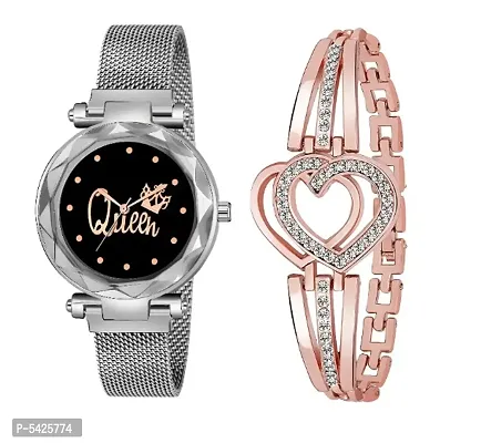 New Fashion Black Queen Dial With Rose Gold Heart Bracelet combo For GirlWomen Designer Fashion Wrist Analog Watch - For Girls