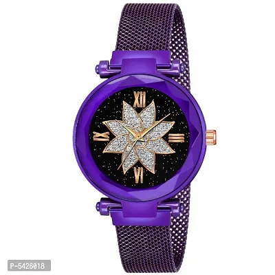 New Fashion Flower desing Black dial Purple Maganet Strap For Girl Analog Watch - For Girls