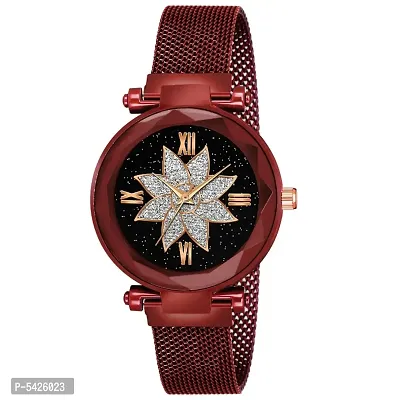 New Fashion Flower desing Black dial Red Maganet Strap For Girl Analog Watch - For Girls-thumb0