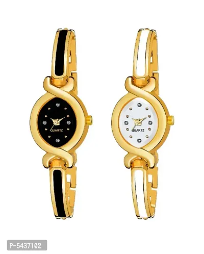 Combo Pack 2 Designer Stylish White-Black Dial Golden Bangle Watch Analog Watch - For Women-thumb0