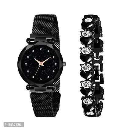 New Fashion Black 12 Daimouns Dial With Black Maganet Strap  Silver Stone Bracelet For Women Designer Fashion Wrist Analog Watch - For Girls-thumb0