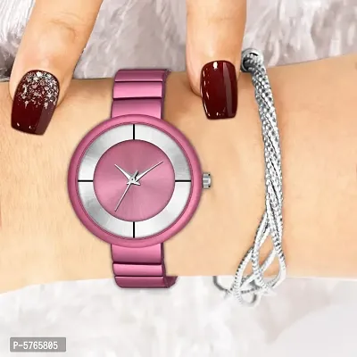 New Fashion Dark PinkSilver Dial With DarkPink Metal Strap For Girl Women Designer Fashion Wrist Analog Watch - For Girls