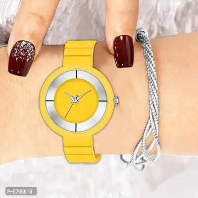 New Fashion YellowSilver Dial With Yellow Metal Strap For Girl Women Designer Fashion Wrist Analog Watch - For Girls-thumb0