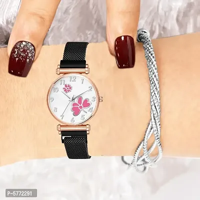 White Color Dial Pink Dual Flower With Black Maganet Strap For Girl Women Analog Watch - For Girls