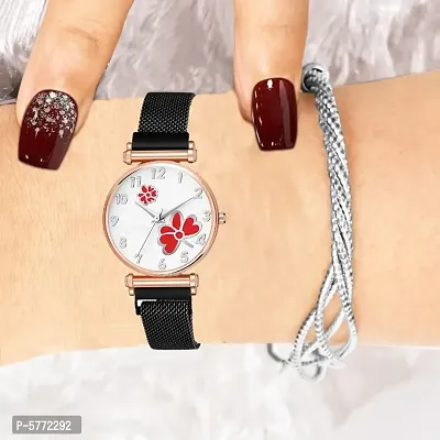 White Color Dial Red Dual Flower With Black Maganet Strap For Girl Women Analog Watch - For Girls