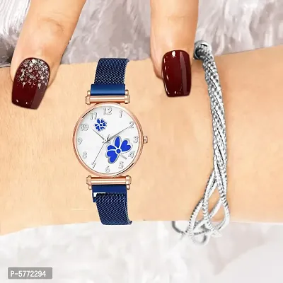 White Color Dial Blue Dual Flower With Blue Maganet Strap For Girl Women Analog Watch - For Girls