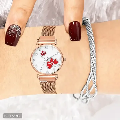 White Color Dial Red Dual Flower With Rose Gold Maganet Strap For Girl Women Analog Watch - For Girls