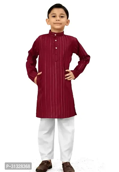 Stylish Maroon Cotton Blend Solid Kurta Sets For Boys