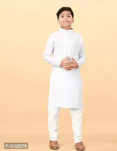 Stylish White Cotton Blend Solid Kurta Sets For Boys-thumb0