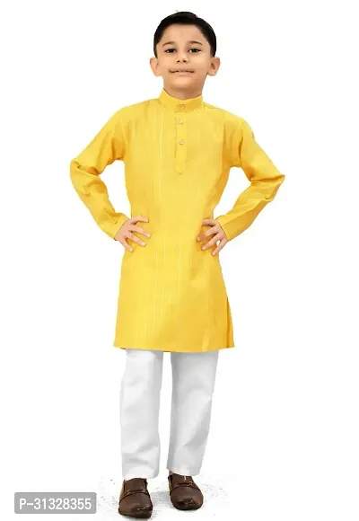 Stylish Yellow Cotton Blend Solid Kurta Sets For Boys-thumb0