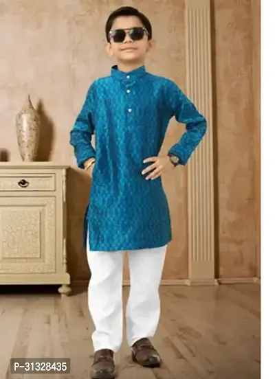 Stylish Blue Cotton Solid Kurta Sets For Boys-thumb0