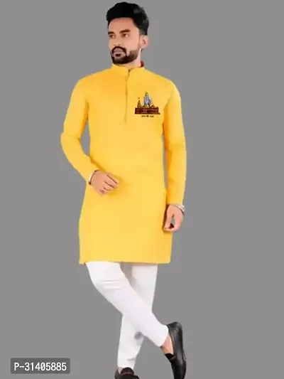 Reliable Yellow Cotton Solid Mid Length Kurta For Men-thumb0